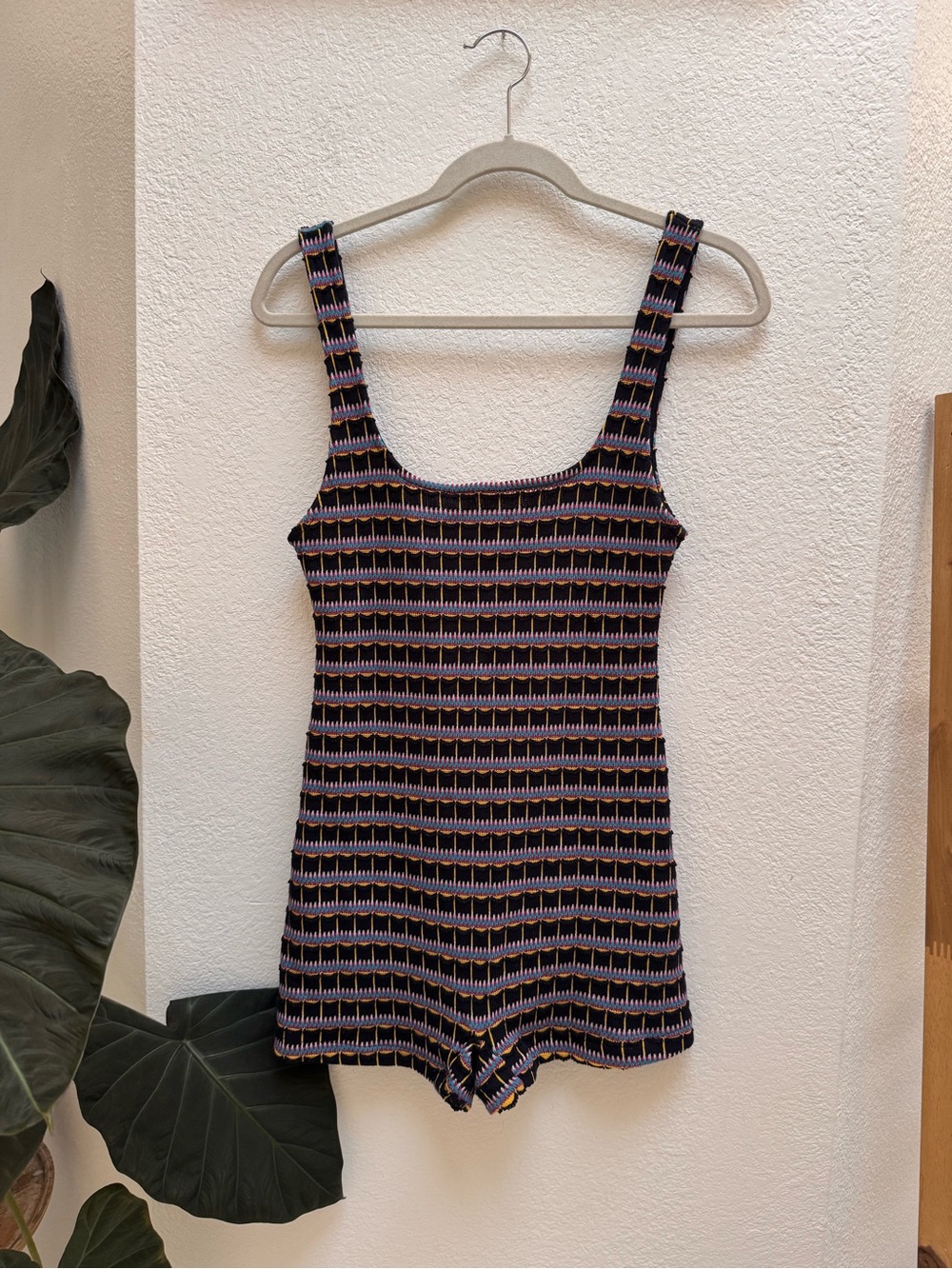 Zara Navy Knit Romper W/ Geometrical Pattern Multi Color Pattern Summer Beach